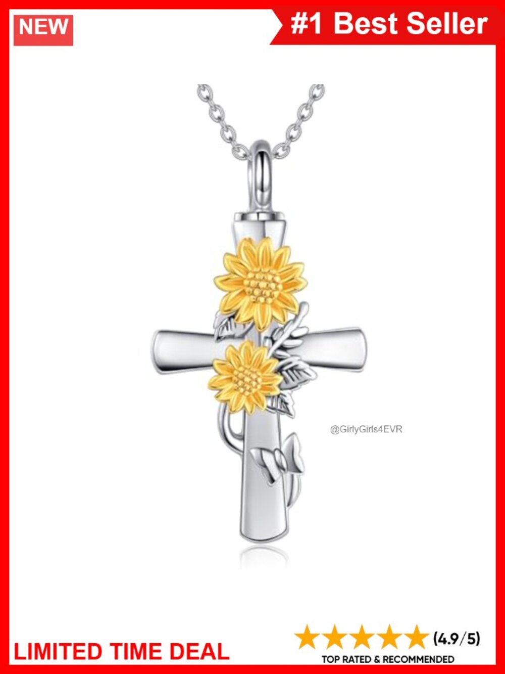 Sterling Silver Sunflower Cross Urn Necklace for Ashes Cremation Jewelry